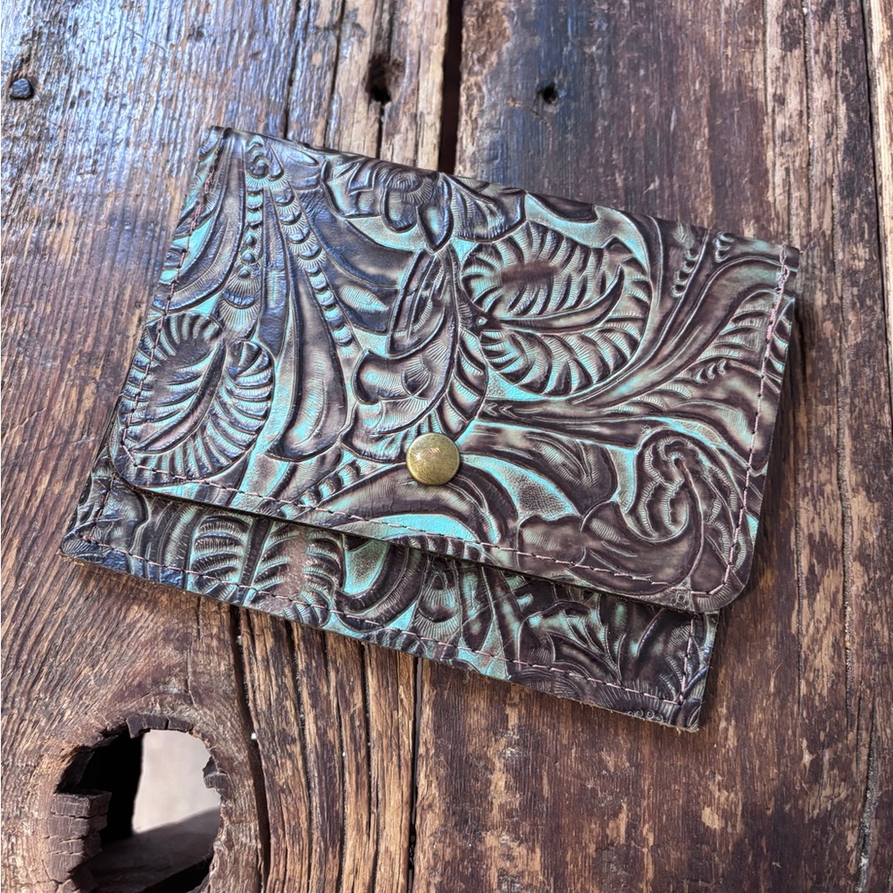 Tandy Floral Embossed Leather Wallet with Turquoise Highlights